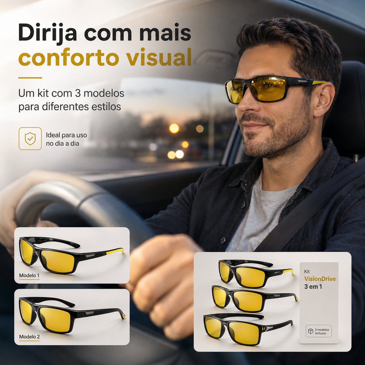 Kit VisionDrive 3 em 1 — Óculos Anti-Reflexo Polarizado para Direção