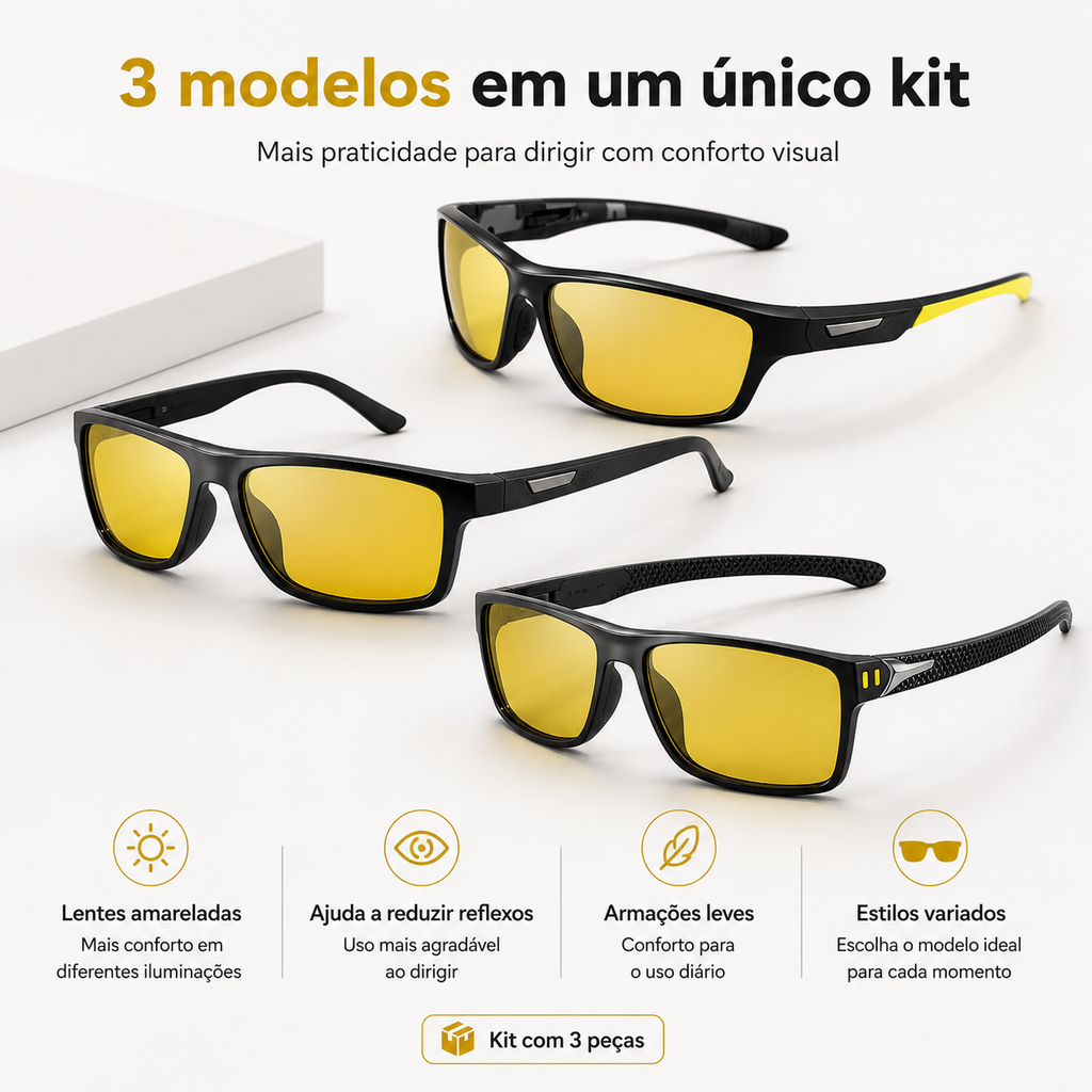 Kit VisionDrive 3 em 1 — Óculos Anti-Reflexo Polarizado para Direção