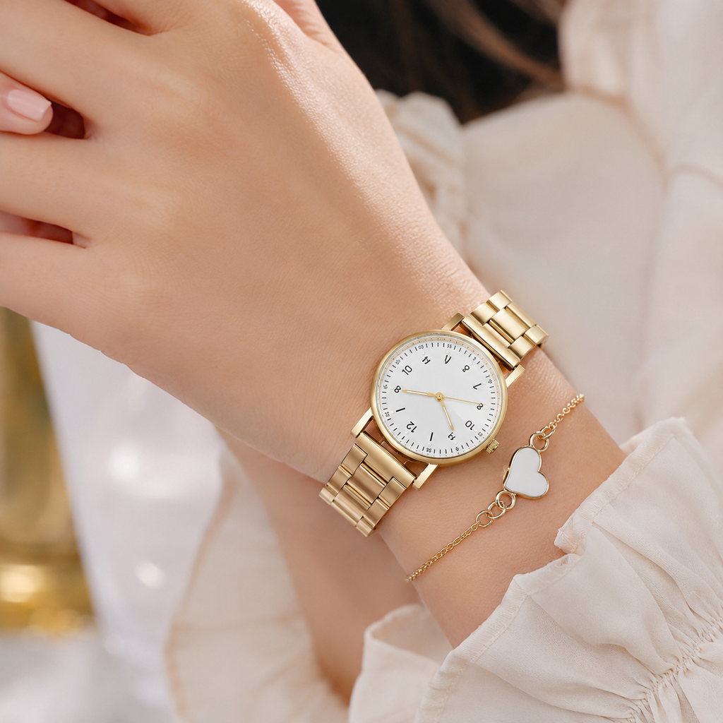 Aurora Gold — Kit Relógio Feminino + Pulseira Coração
