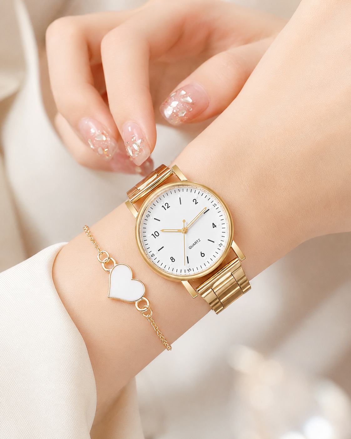 Aurora Gold — Kit Relógio Feminino + Pulseira Coração