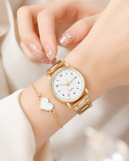Aurora Gold — Kit Relógio Feminino + Pulseira Coração
