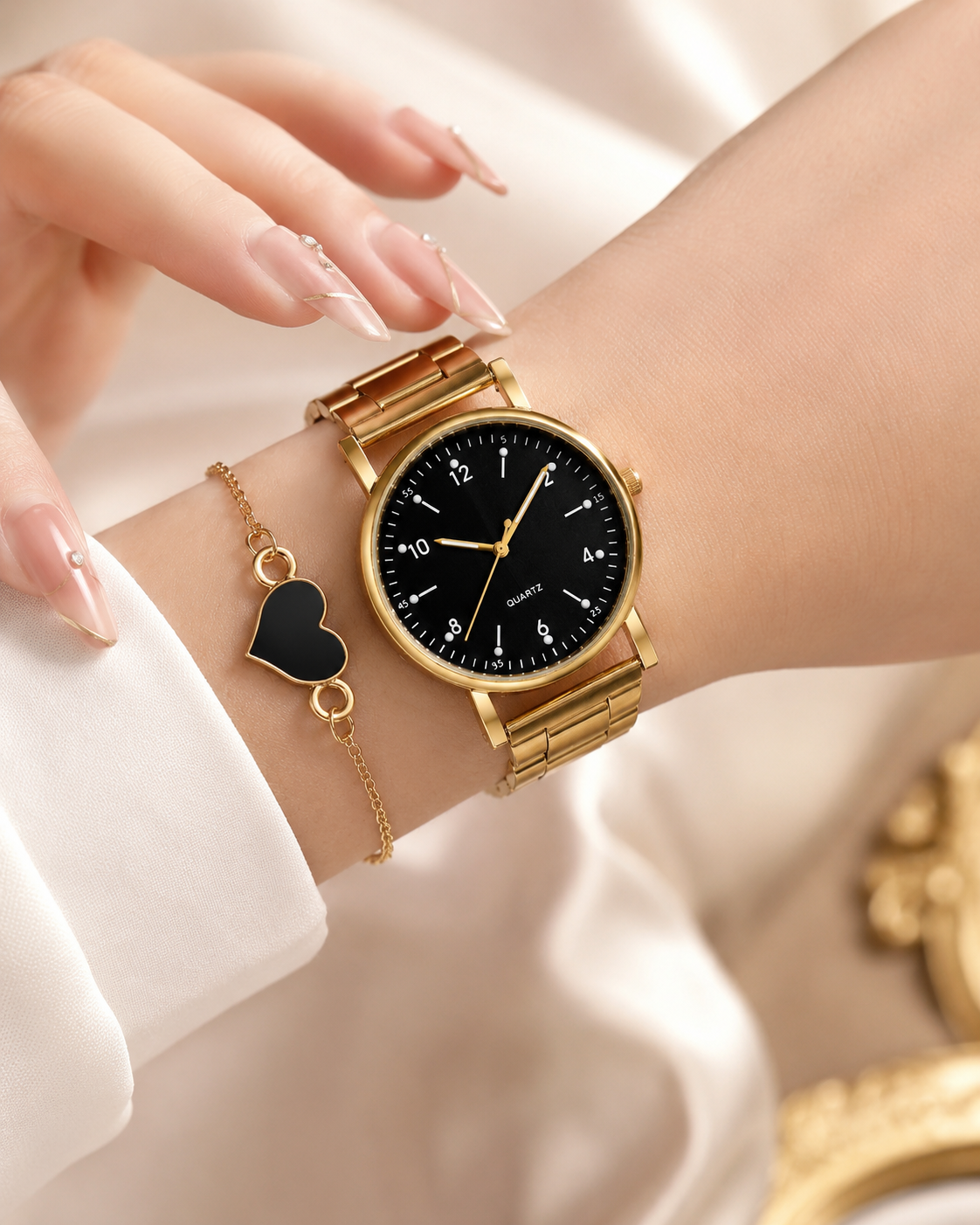 Aurora Gold — Kit Relógio Feminino + Pulseira Coração