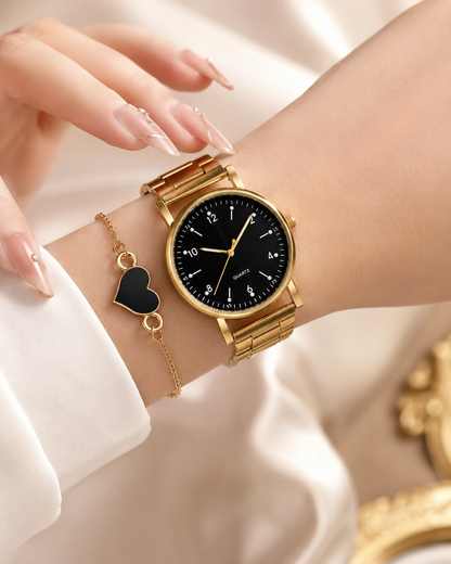Aurora Gold — Kit Relógio Feminino + Pulseira Coração