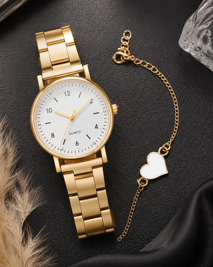 Aurora Gold — Kit Relógio Feminino + Pulseira Coração