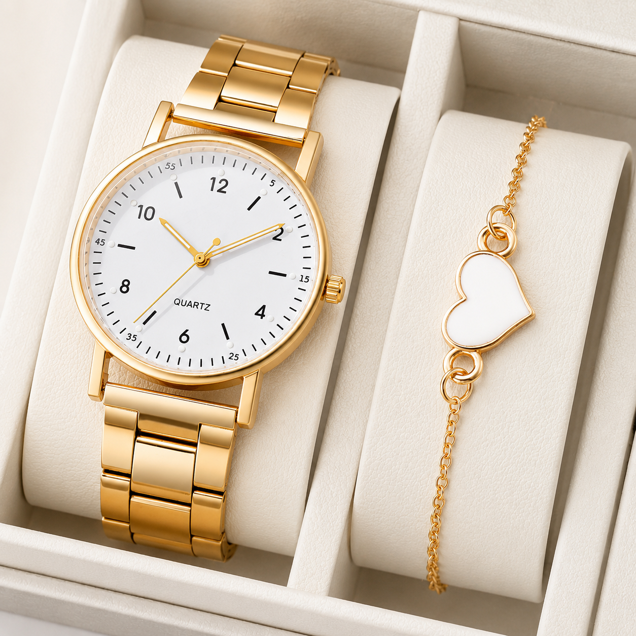 Aurora Gold — Kit Relógio Feminino + Pulseira Coração