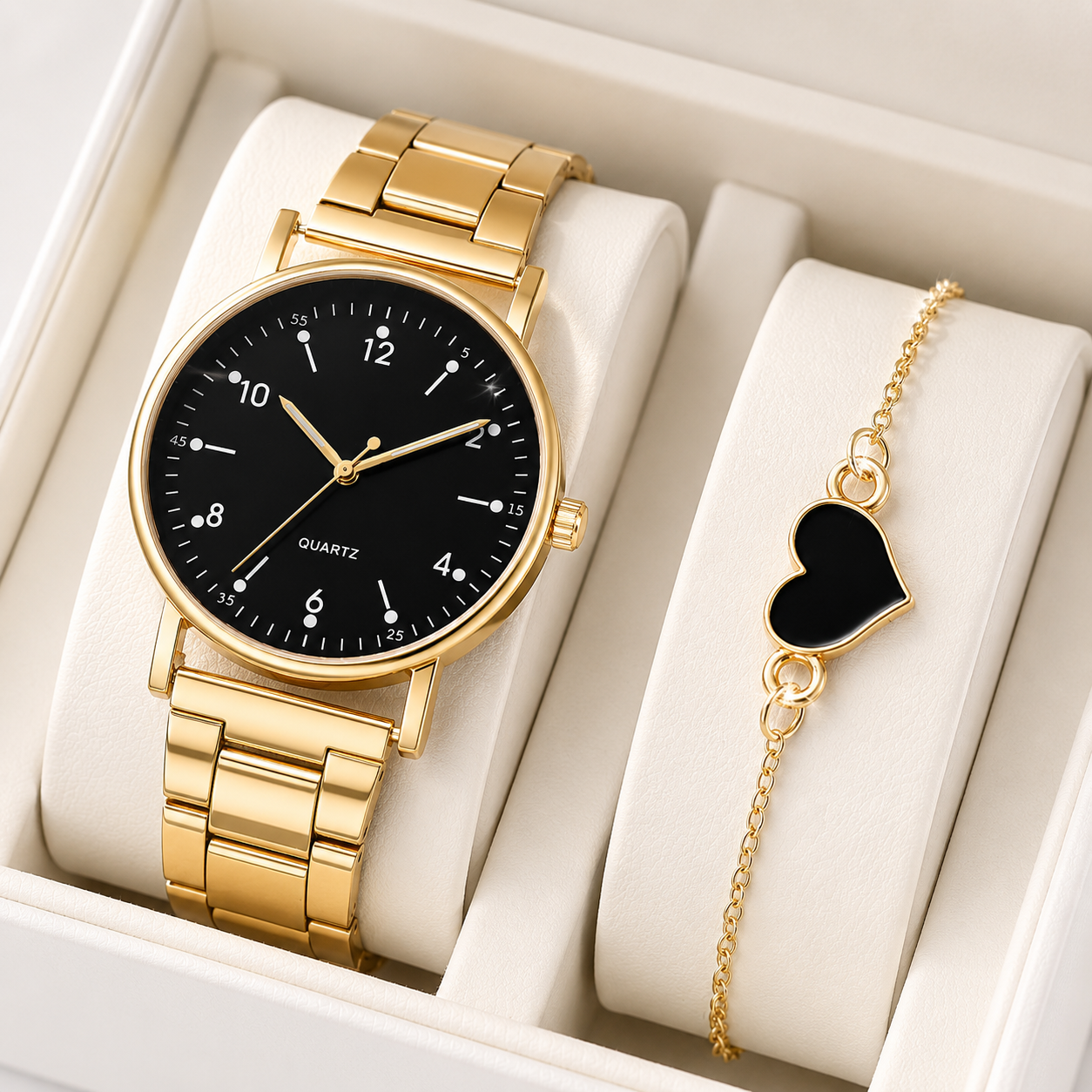 Aurora Gold — Kit Relógio Feminino + Pulseira Coração